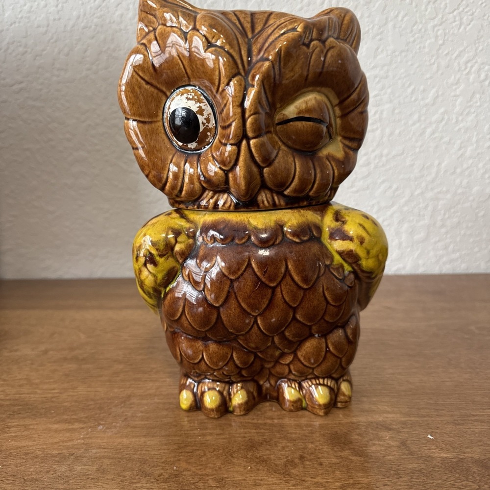 Shawnee Winking Owl Cookie Jar Vtg 1940's Made in USA Brown Glazed Pottery 10"